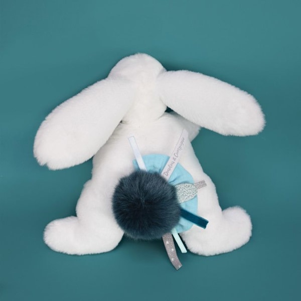 Doudou et Compagnie - Pehmolelu Jänis - 25 cm - Jänis Pompon Valkoinen/Peacock Sininen - Kaunis Lahjalaatikko - Happy Pop - Happy Doudou Sinulle