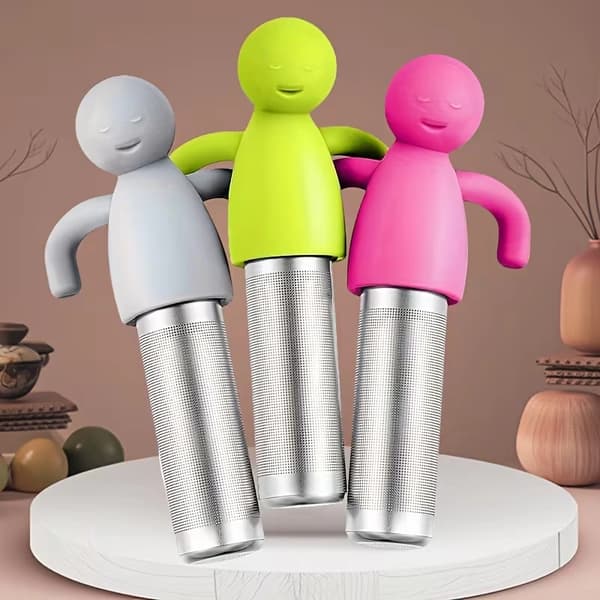 3-pack söta humanoid-teinfusers, tesil i rostfritt stål med silikonlock (röd/grön/grå) för löst te