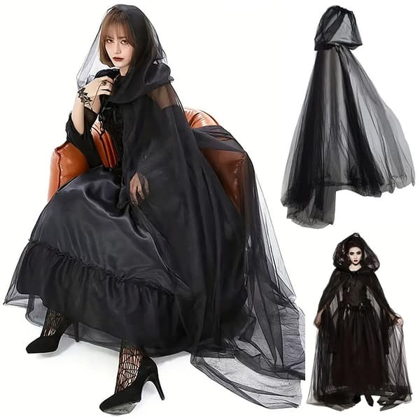 Hettekappe i tyll til Halloween, heks, demon, vampyr cosplay-kappe, lang nettingkostyme til julekostymefest
