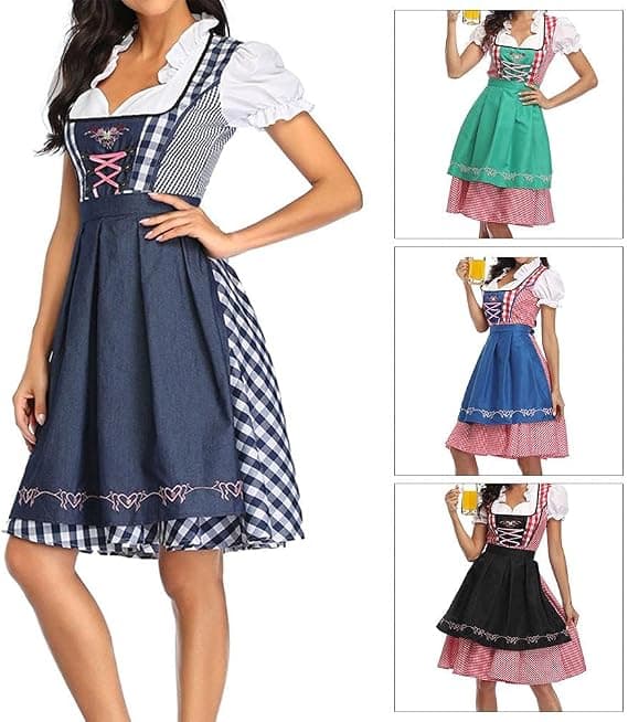 Oktoberfest Dirndl Kjole, Bayersk Kostume, Festkjole med Forklæde, Flere Farver