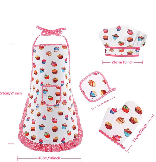 Het barnförkläde med cupcake-tryck, set för låtsaskokning och riktig bakning för småbarn