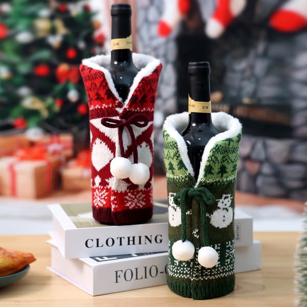3-delat stickat flaskfodral för jul, förtjockat ullfoder, med pompom-rosett, julbordsdekoration.
