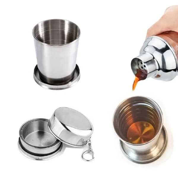Vikbar kopp i rostfritt stål, hopfällbar campingmugg med lock och nyckelring, resemugg.