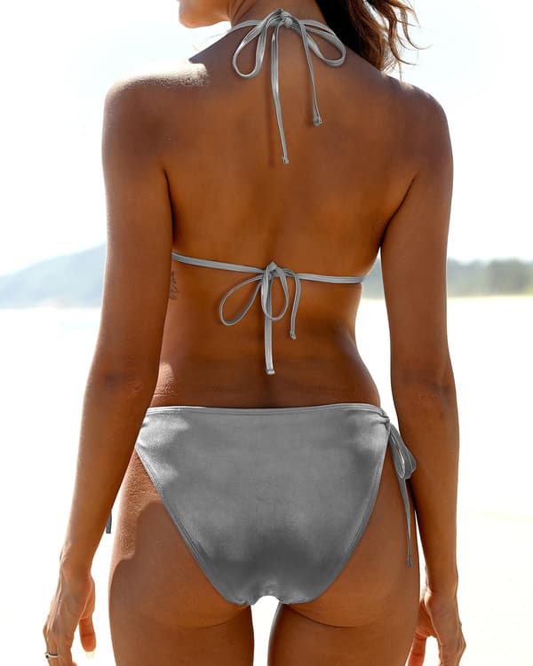 WJSM Women's Triangle Bikini Set Halter Two-Piece Sexy Swimsuit String Tie Side Silver New M Silver New M
