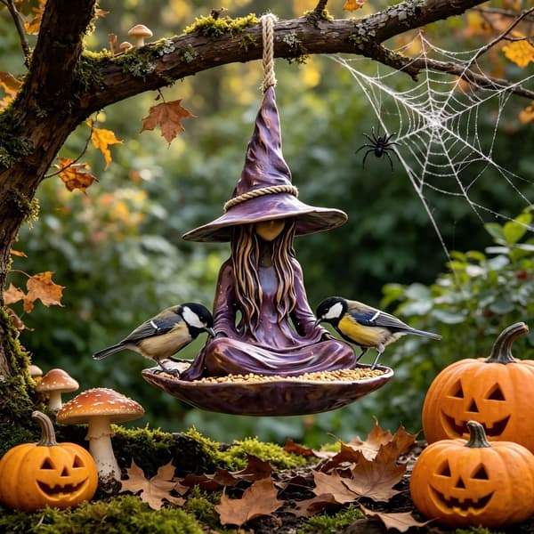 Heksefuglefoderbræt i harpiks, Halloween udendørs havefuglefoderbræt, uhyggelig sceneindretning hængende ornament