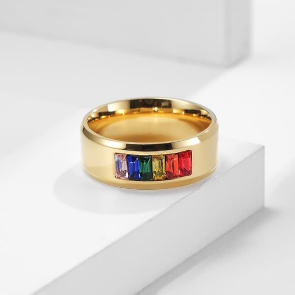Regnbuefarvet ædelsten rustfrit stålring, titanium stålring, fingerring, parsmykker. gold 6#