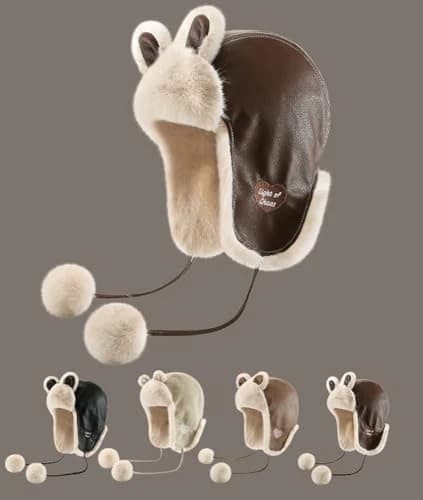 Varm pilot hat til kvinder, Ushanka hat til mænd, Vinter vindtæt øreklap hat, Sødt bjørnedesign, Beige farve.