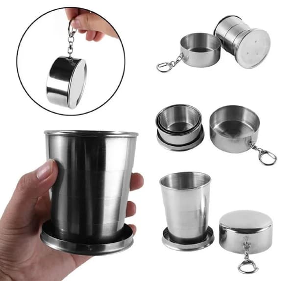 Vikbar kopp i rostfritt stål, hopfällbar campingmugg med lock och nyckelring, resemugg.