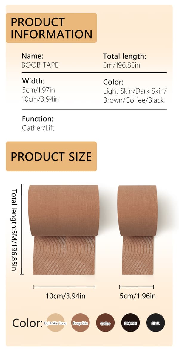 Boob Tape til rygløse kjoler, elastisk brystløftetape, usynlig push-up til alle bryststørrelser light brown 5CM*5M
