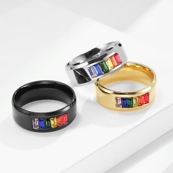 Regnbuefarvet ædelsten rustfrit stålring, titanium stålring, fingerring, parsmykker. silver 6#