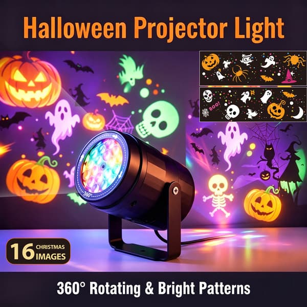 LED-projektorlys til Halloween & Jul, 16 mønstre, USB, festlig stemningsbelysning Halloween