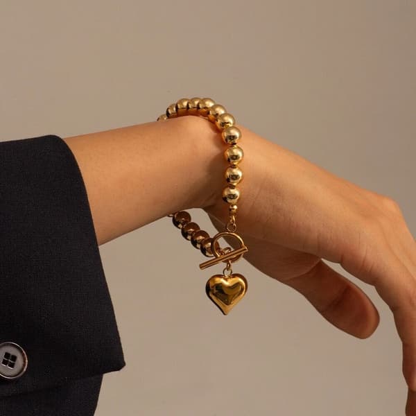 Dame 18K forgyldt perle kuglekæde hjerte vedhæng armbånd/bangle
