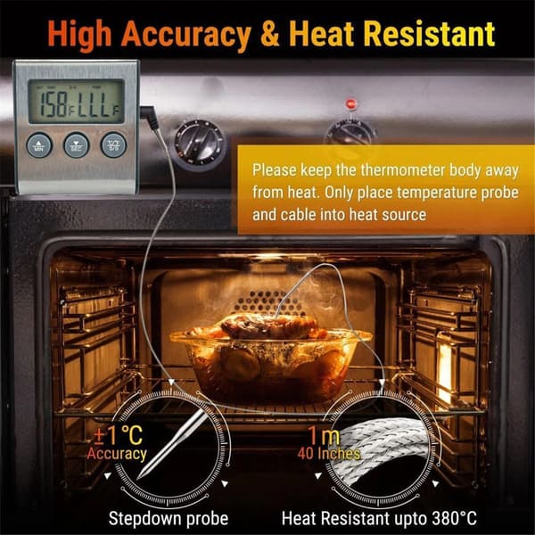 Fjärrstyrd digital stektermometerprob för mätning av kött- och mattemperaturer, med timerfunktion.
