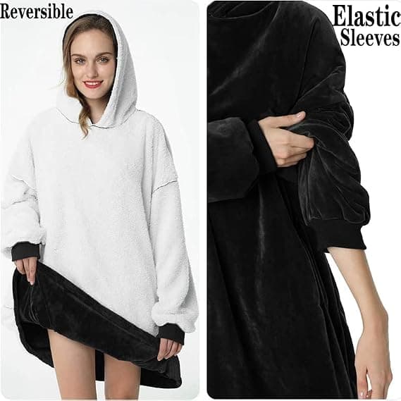 Bærbar Hættetrøje Tæppe, Oversized Sherpa Hættetrøje, Super Blød Varm Behagelig Sweatshirt Varm Pullover Fleece black