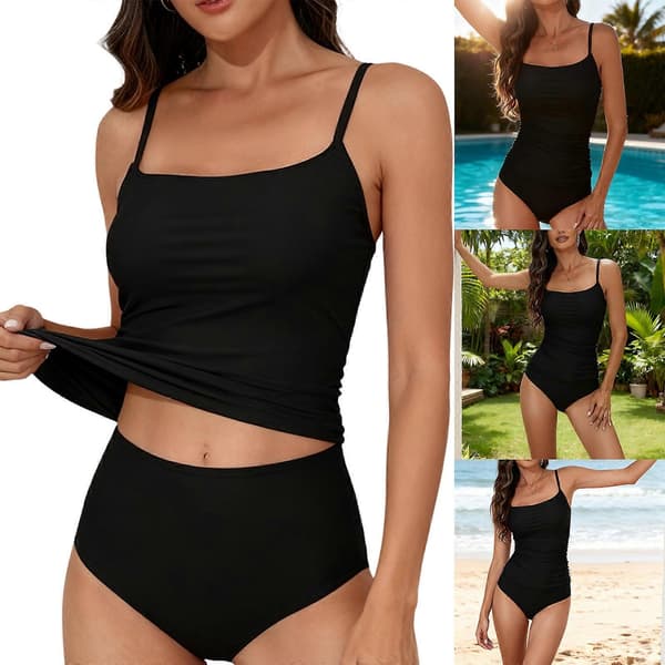 Women's Two Piece Tankini Swimsuit Tummy Control Spaghetti Strap Swim Top with Briefs Black M Black M