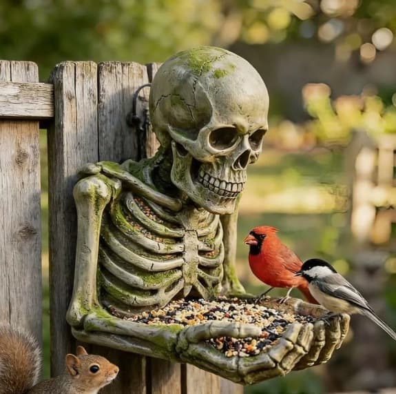 Fuglefoderbræt i harpiks med kranie, Halloween udendørs terrasse have fuglefoderbræt, gyser scene dekoration hængende ornament