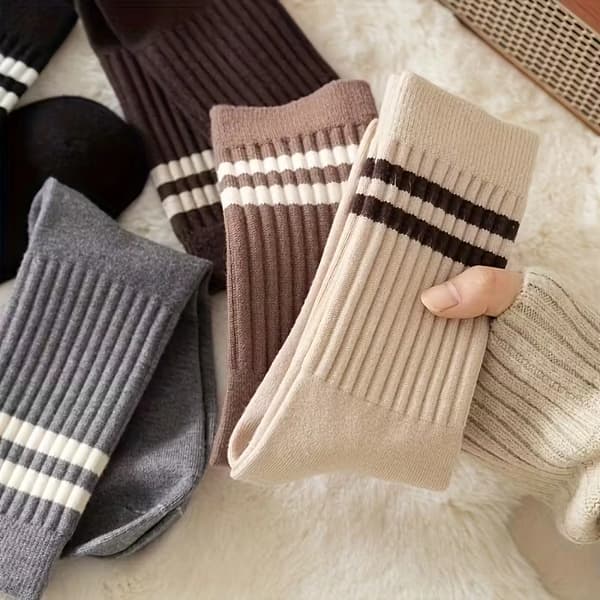5 par brune dobbeltlagsstrømper med ribkant [Efterår/Vinter stil] Koreansk mode, alsidige damestrømper