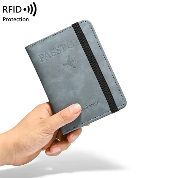 RFID Blocking Passport Holder Travel Wallet, Multifunctional PU Leather Document Case With Elastic Band Cloudy Blue