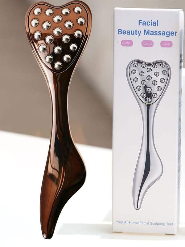 20-perle Ansigtsmassager i Rustfrit Stål med Kuldeterapi, Hjerteformet Massager til Ansigts- og Øjenpleje Coffee color