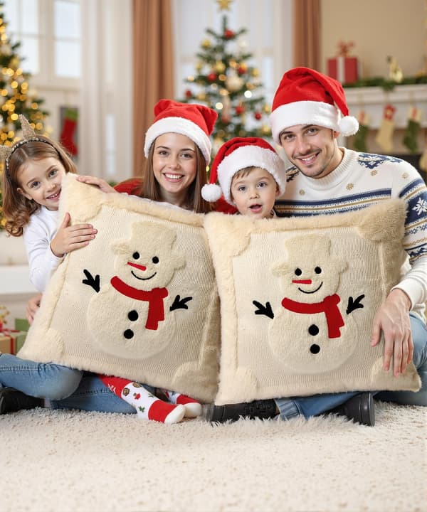 2-pack julkuddfodral, 3D-broderat dekorativt sofföverdrag, heminredning, julkuddfodral, 45x45 cm, beige snögubbe