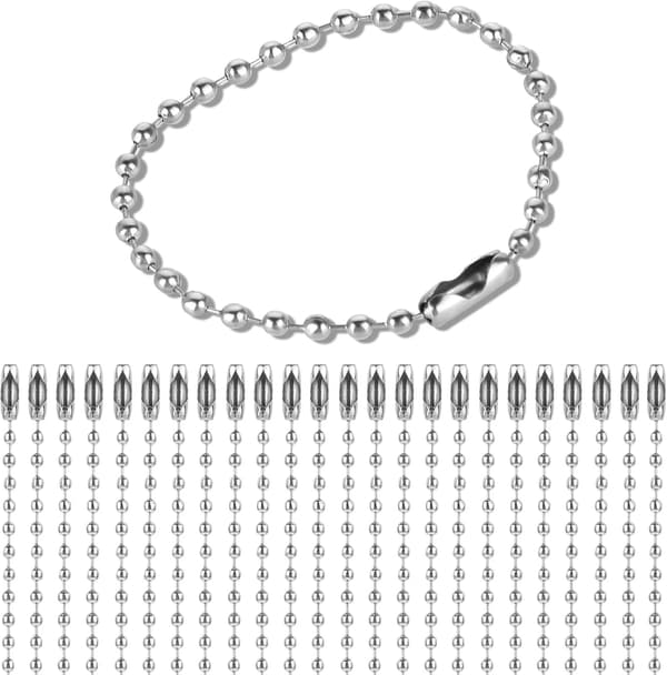 100-pak perlekædenøgleringe - 4,7 tommer sølv rustfri stålkæde med 2,4 mm perler