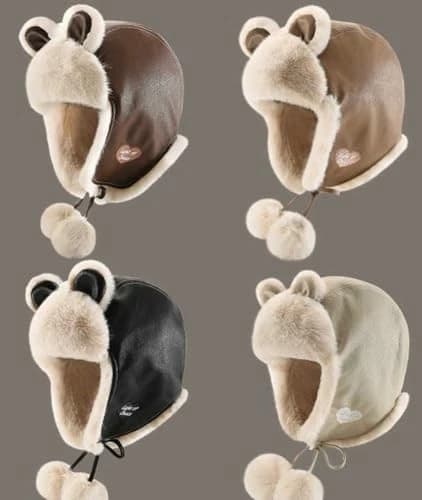 Varm pilot hat til kvinder, Ushanka hat til mænd, Vinter vindtæt øreklap hat, Sødt bjørnedesign, Beige farve.