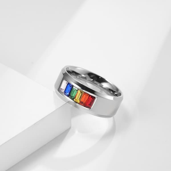 Regnbuefarvet ædelsten rustfrit stålring, titanium stålring, fingerring, parsmykker. silver 6#