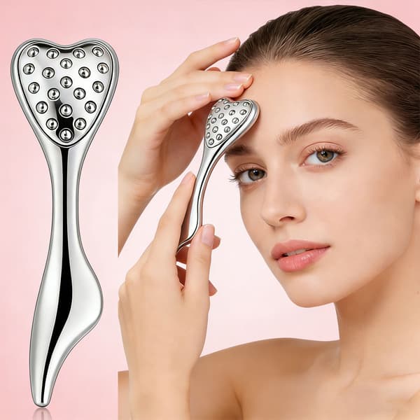 20-perle Ansigtsmassager i Rustfrit Stål med Kuldeterapi, Hjerteformet Massager til Ansigts- og Øjenpleje Silver