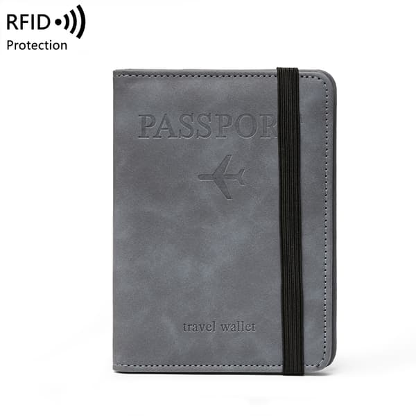RFID Blocking Passport Holder Travel Wallet, Multifunctional PU Leather Document Case With Elastic Band grey