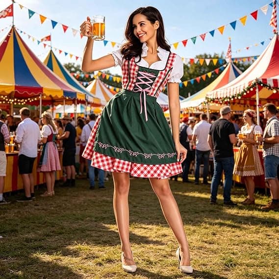 Oktoberfest Dirndl Kjole, Bayersk Kostume, Festkjole med Forklæde, Flere Farver