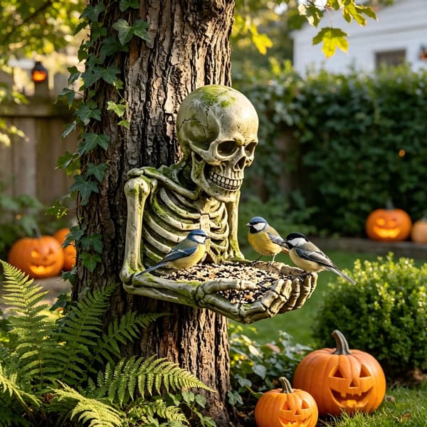 Fuglefoderbræt i harpiks med kranie, Halloween udendørs terrasse have fuglefoderbræt, gyser scene dekoration hængende ornament