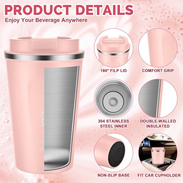 Isoleret kaffekrus i rustfrit stål, varmebevarende, 510 ml, holdbart pink