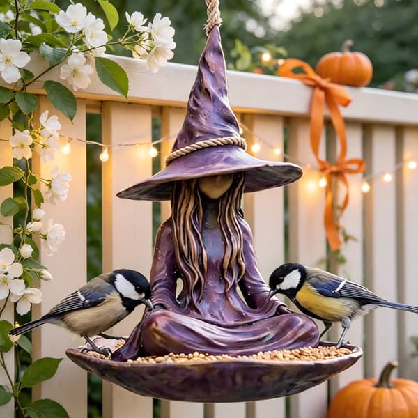 Heksefuglefoderbræt i harpiks, Halloween udendørs havefuglefoderbræt, uhyggelig sceneindretning hængende ornament