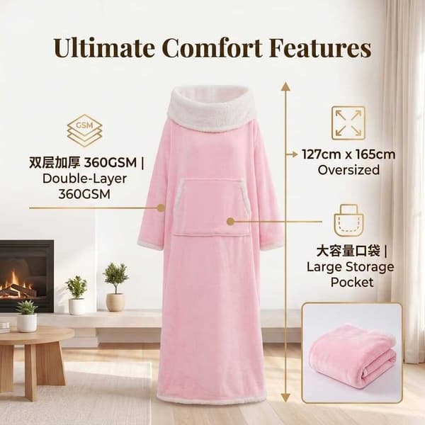 Bærbart tæppe med ærmer, Sherpa-flonel TV-tæppe, oversized varmt tæppe med hætte til par PINK