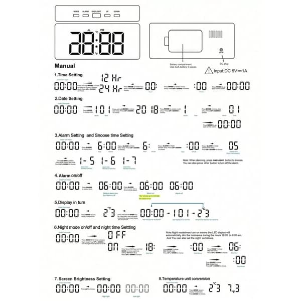 Digitalt LED vækkeur med USB-interface og digitalt LED-display, velegnet til skriveborde, kontorer og hjem.