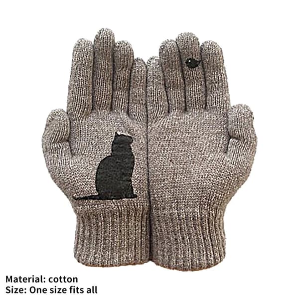 Bomuldshandsker med kattemotiver, handsker med katte- og fugleprint, søde lyserøde simple vanter. Khaki
