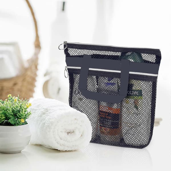 Mesh Shower Caddy with Zipper, Large Polyester Shower Bag, Portable Bathroom Storage Basket with Handle.