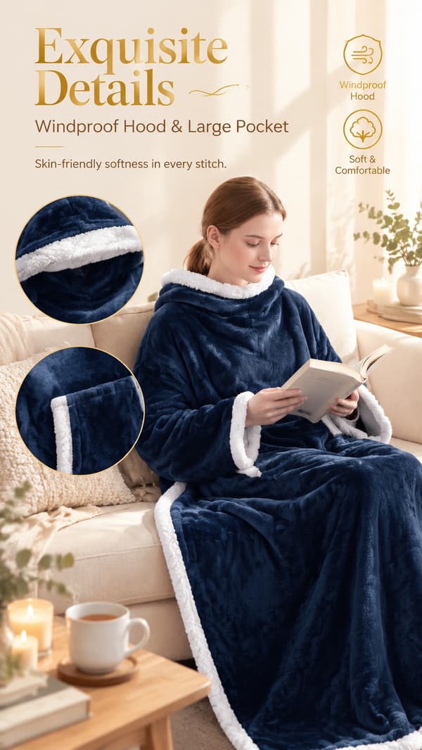Bærbart tæppe med ærmer, Sherpa-flonel TV-tæppe, oversized varmt tæppe med hætte til par Dark blue