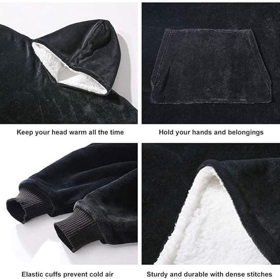 Bærbar Hættetrøje Tæppe, Oversized Sherpa Hættetrøje, Super Blød Varm Behagelig Sweatshirt Varm Pullover Fleece black