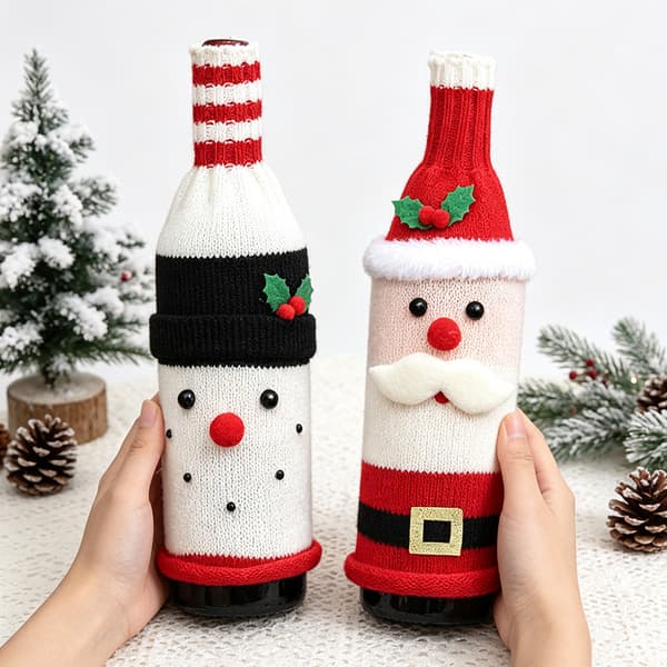 3-pack stickade vinflasköverdrag till jul, tecknad tomte, snögubbe, renflaskhylsa, julbordsfestdekor