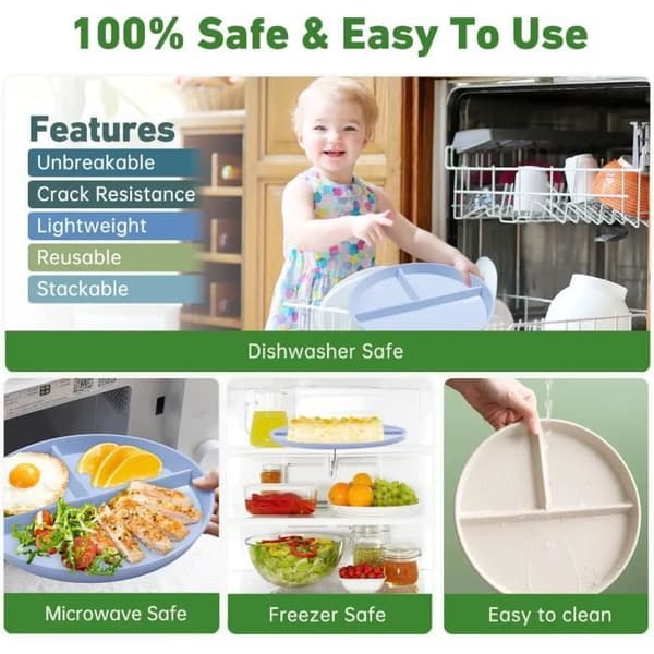 Divided Dinner Plates - Set of 4 - Unbreakable Plastic - Reusable - Dishwasher Safe