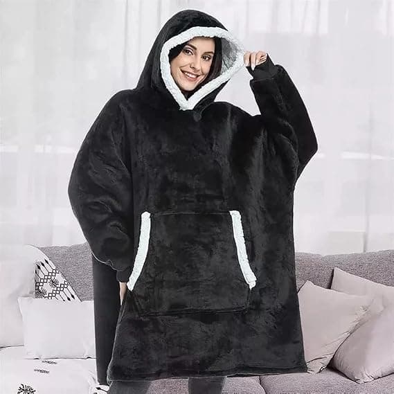 Bærbar Hættetrøje Tæppe, Oversized Sherpa Hættetrøje, Super Blød Varm Behagelig Sweatshirt Varm Pullover Fleece black