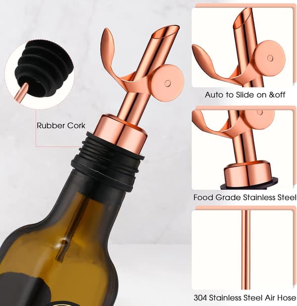 5-delt vinflaskedispenser i rustfritt stål med automatisk vippefunksjon, olivenoljedispenser, balsamicoeddik/alkoholdispenser. Rose gold