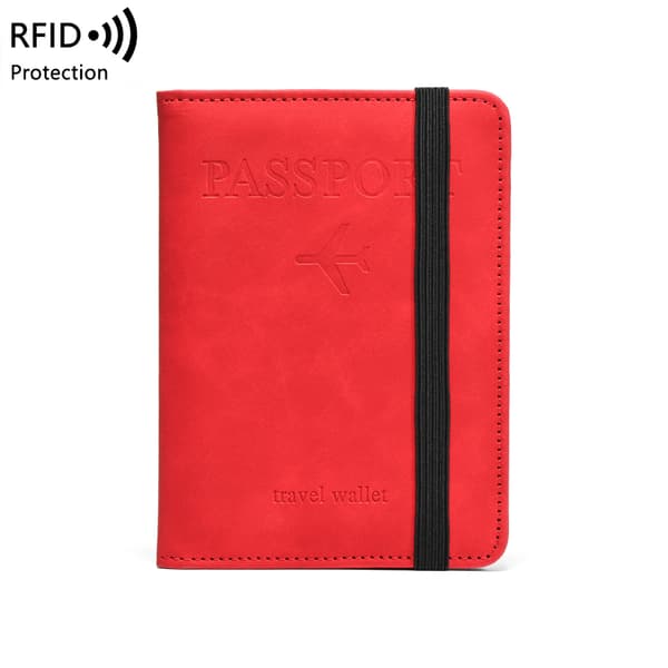 RFID Blocking Passport Holder Travel Wallet, Multifunctional PU Leather Document Case With Elastic Band red