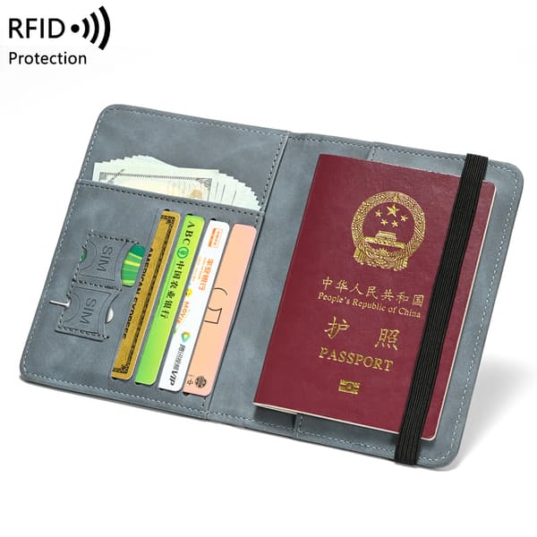 RFID Blocking Passport Holder Travel Wallet, Multifunctional PU Leather Document Case With Elastic Band grey