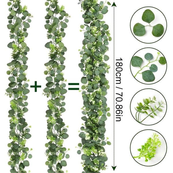 Julepynt: Kunstige eukalyptusblade med blomster, simuleret grøn krans hængende ornament.