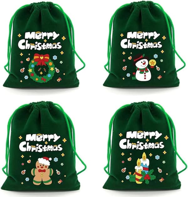 10-pack julväskor med dragsko, gräsgröna sammetsväskor för julgodis och äpplen, 15×20 cm slumpmässigt mönster julkak- och snacksförvaringsväska