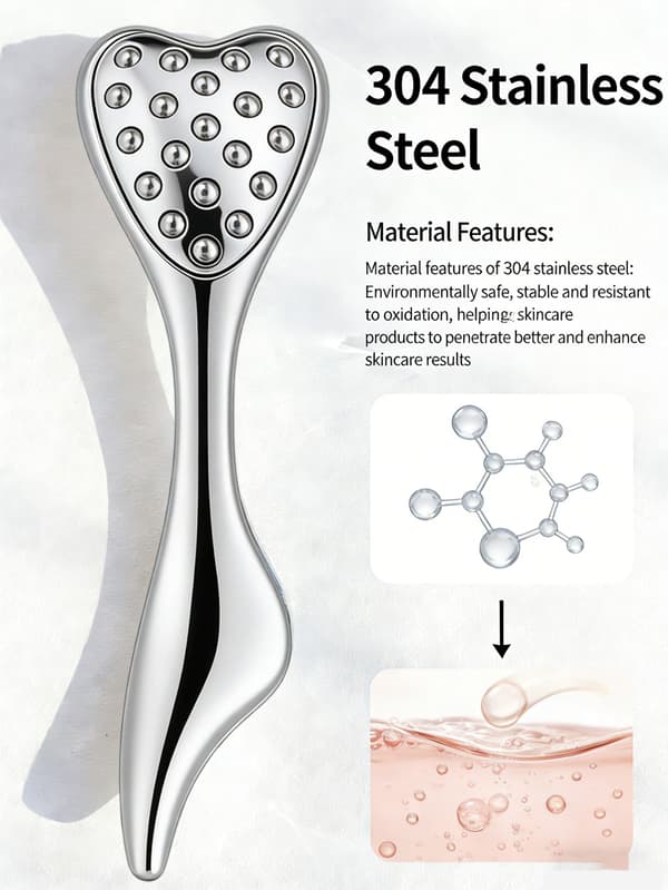 20-perle Ansigtsmassager i Rustfrit Stål med Kuldeterapi, Hjerteformet Massager til Ansigts- og Øjenpleje Silver