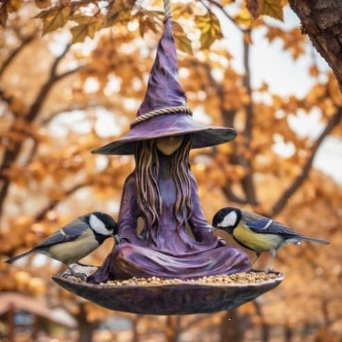 Heksefuglefoderbræt i harpiks, Halloween udendørs havefuglefoderbræt, uhyggelig sceneindretning hængende ornament