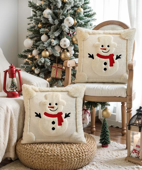 2-pack julkuddfodral, 3D-broderat dekorativt sofföverdrag, heminredning, julkuddfodral, 45x45 cm, beige snögubbe